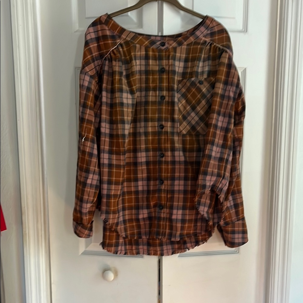 Free People Boxy Button Down Top Brown and Pink